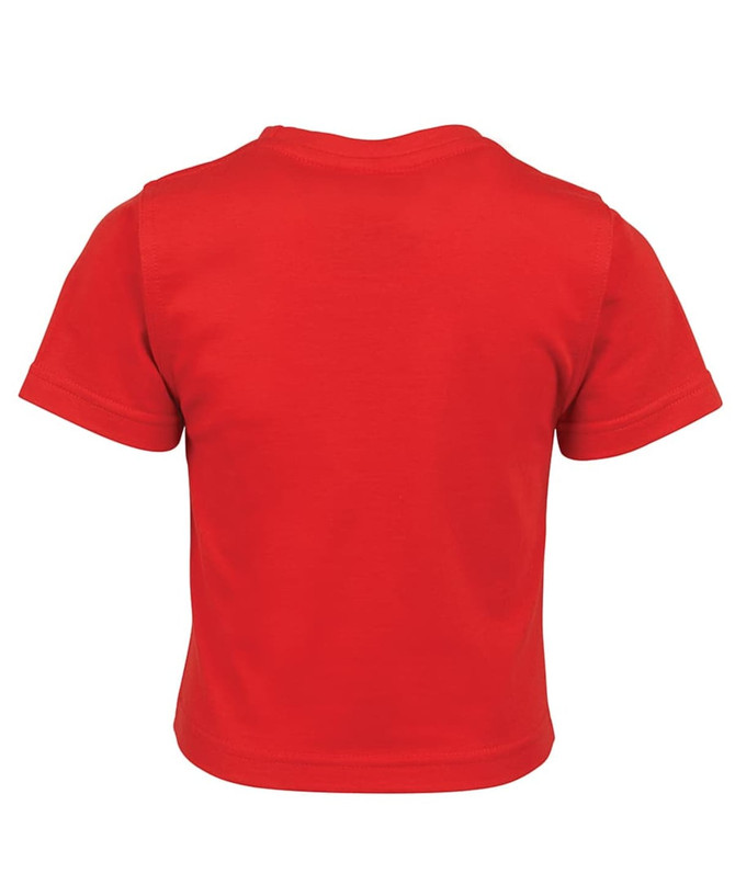 A red infant tee featuring short sleeves and a simple design, with a plain back and a logo.