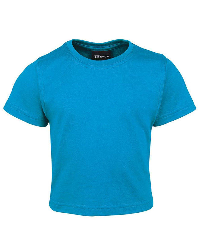 A bright turquoise infant tee with short sleeves, featuring a logo on the inside neckline.