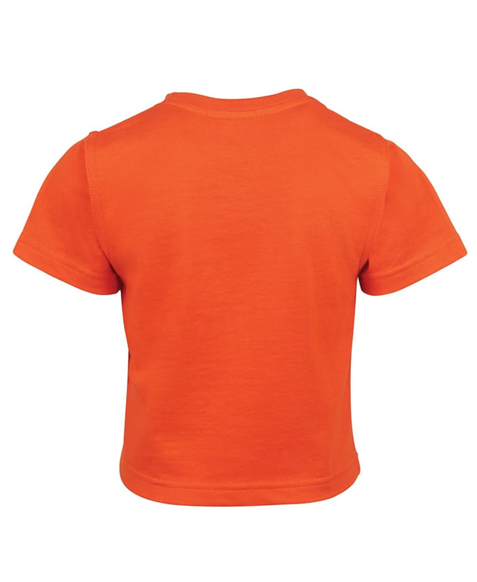 An orange infant tee with short sleeves, featuring a simple design and a logo on the back.
