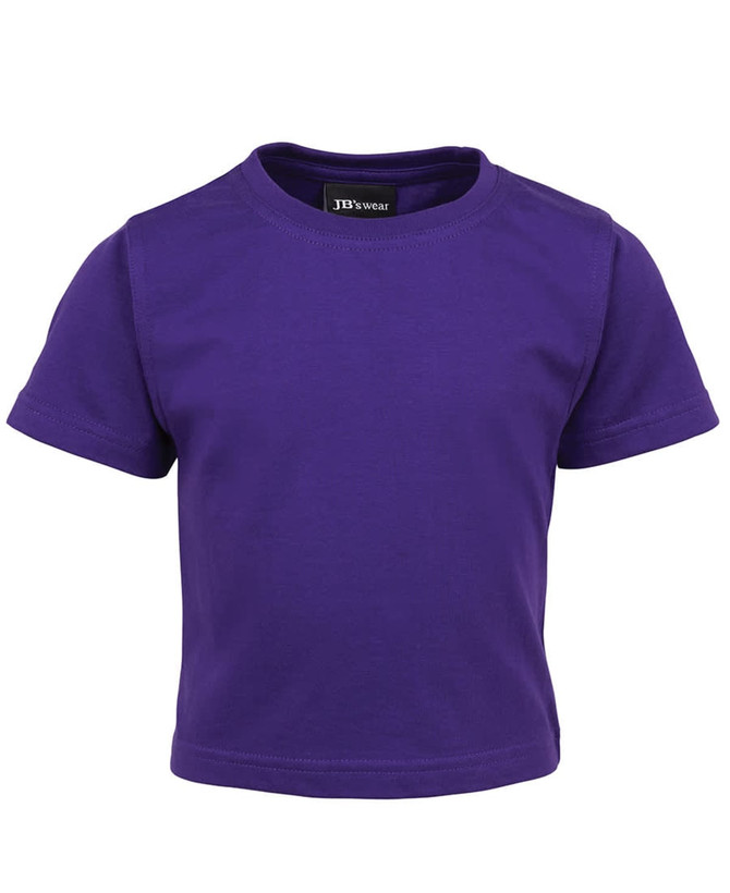 A purple infant t-shirt with short sleeves and a round neckline, featuring a logo on the inside tag.