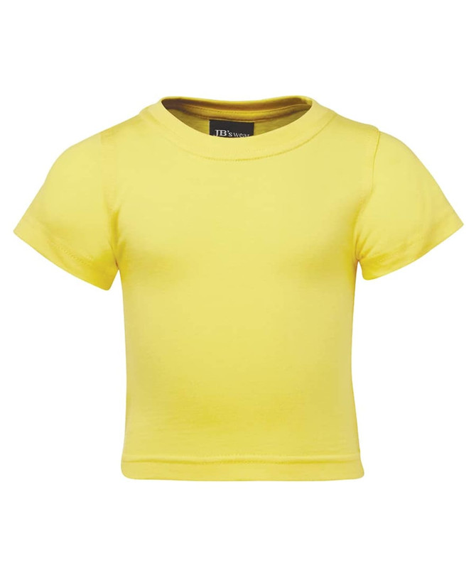A yellow infant T-shirt with short sleeves and a round neckline, featuring a logo label inside.