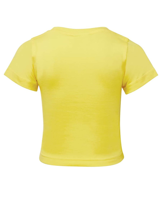 A yellow infant t-shirt featuring short sleeves and a round neckline, with a logo on the back.
