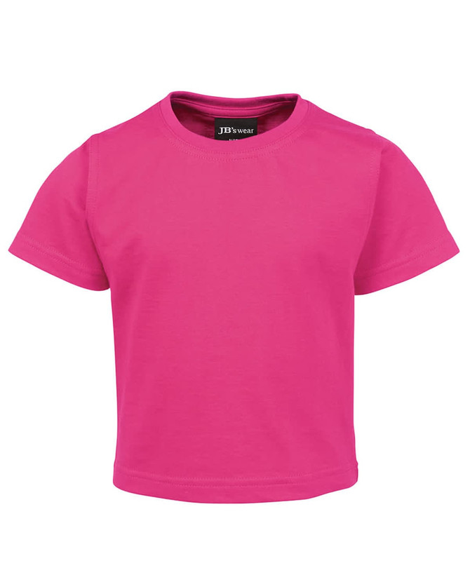 A bright pink infant tee with short sleeves and a crew neckline, featuring a logo inside the collar.