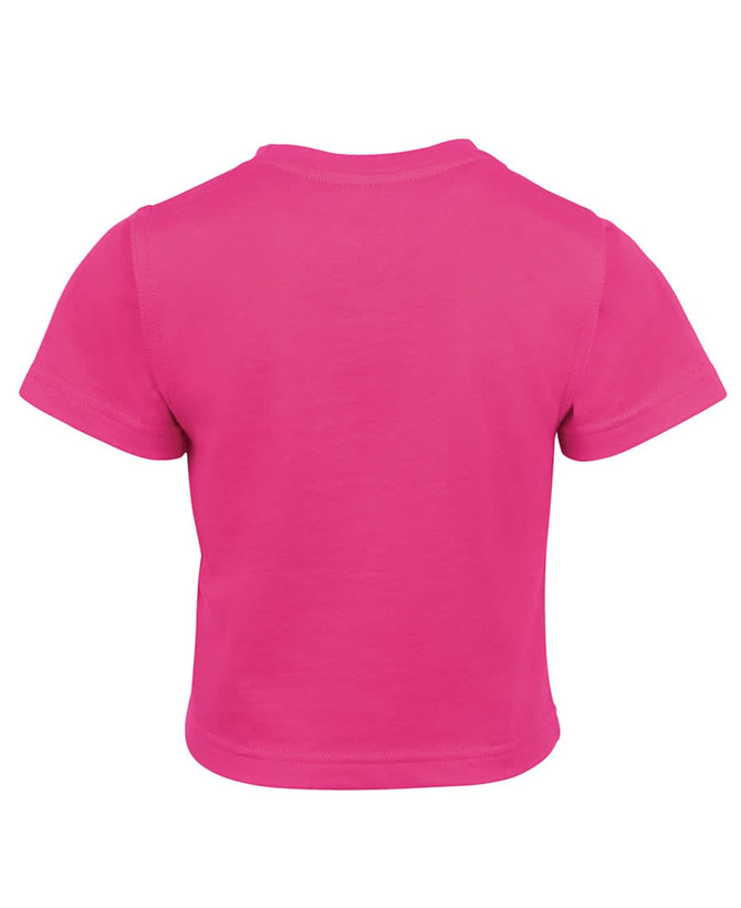 A bright pink infant t-shirt featuring short sleeves and a rounded neckline, with a logo on the back.