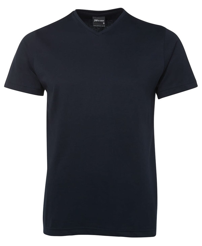 A navy V-neck T-shirt with short sleeves, featuring a tag and simple design.