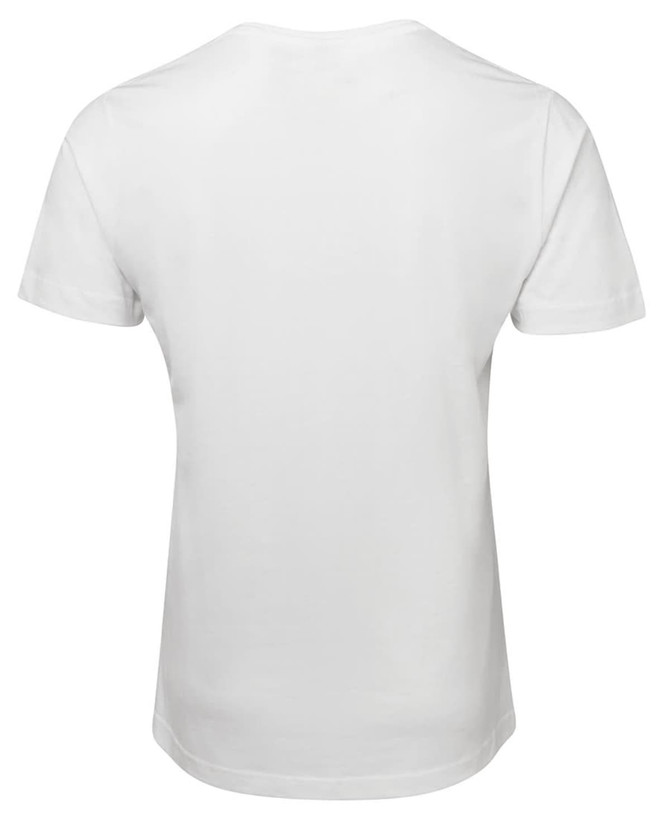 A white V-neck T-shirt with short sleeves, featuring a plain back design and a logo at the neck.