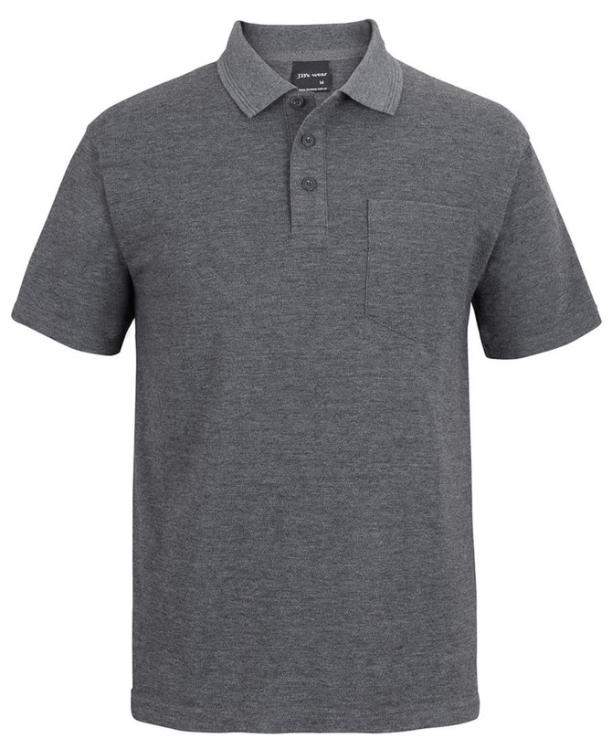 A grey polo shirt featuring a collar, three buttons, and a chest pocket, with a logo on the front.