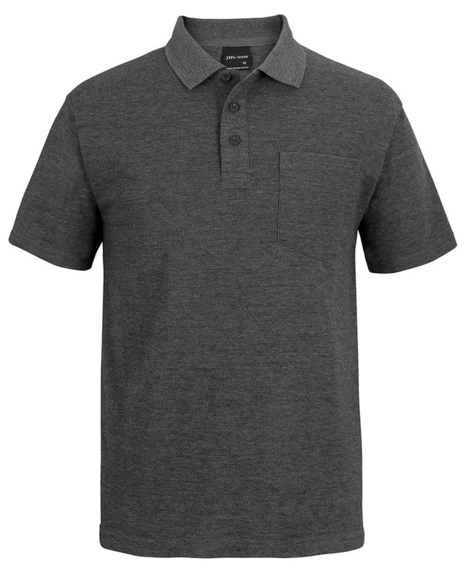 A charcoal grey polo shirt with a collared neck, three buttons, and a chest pocket. It features a logo.