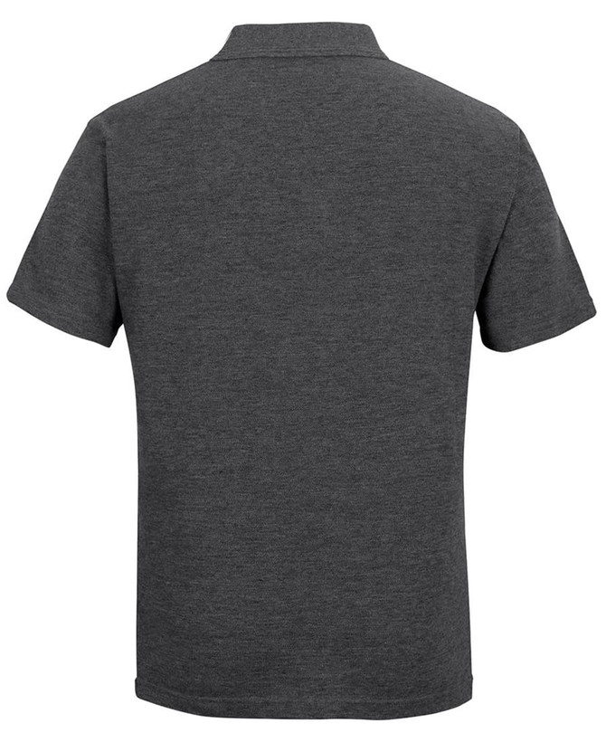 A grey polo shirt with a collar and short sleeves, featuring a logo on the back.