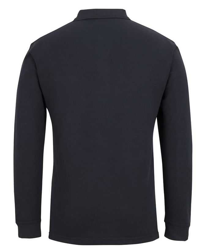 A long-sleeve black polo shirt featuring a classic collar and a small logo on the back.