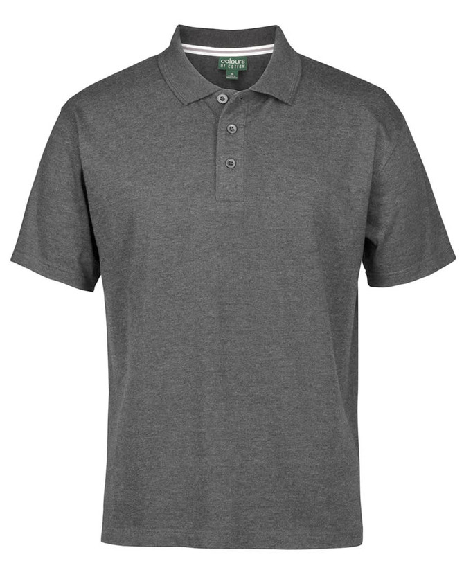 A grey polo shirt featuring a classic collar, short sleeves, and three-button placket, with a logo.
