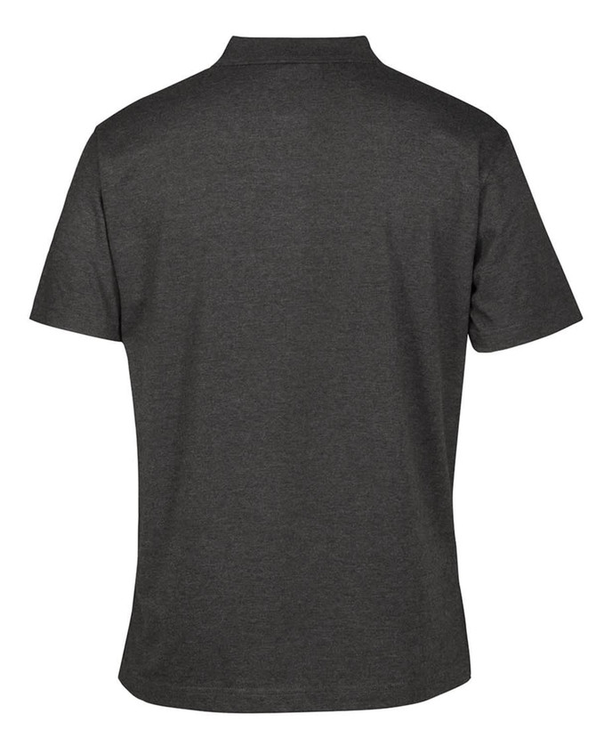 A dark grey polo shirt with a classic collar and short sleeves, featuring a logo on the back.