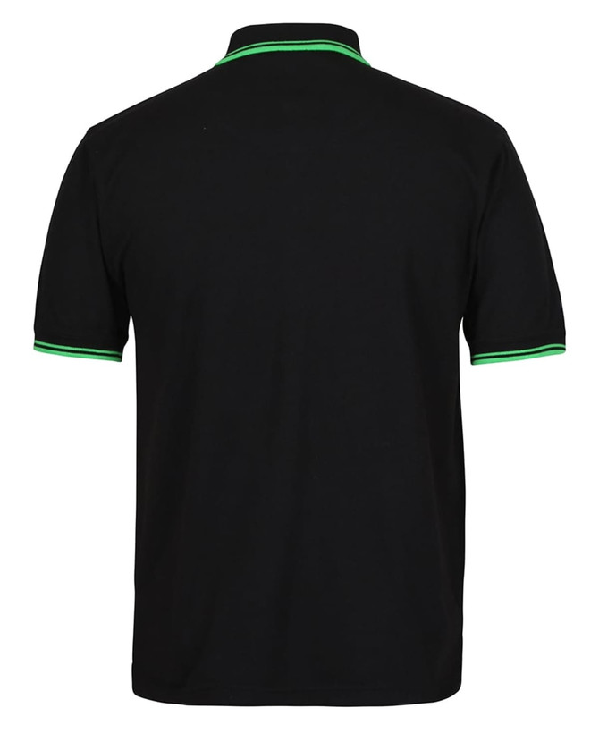 A black polo shirt with green contrast detailing on the collar and sleeves. Features a branding logo.
