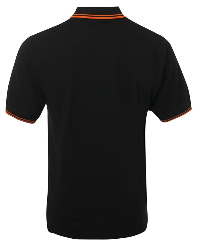 A black polo shirt featuring contrast orange detailing on the collar and sleeves, with a branding logo.