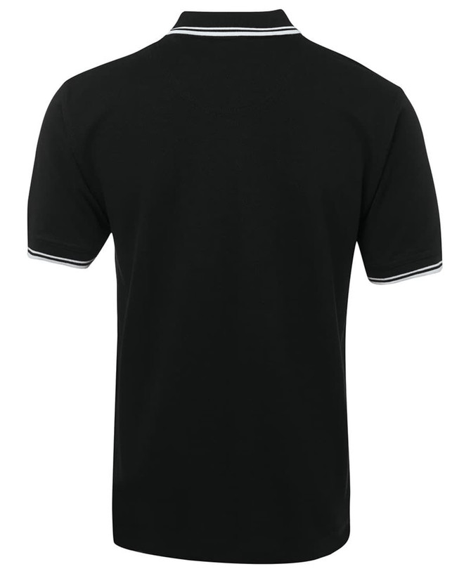 A black polo shirt featuring white contrast detailing on the collar and sleeve hems, with a logo present.