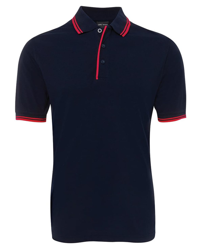 A navy polo shirt with contrasting red stripes on the collar and sleeve cuffs. It features a button-up front and a logo.