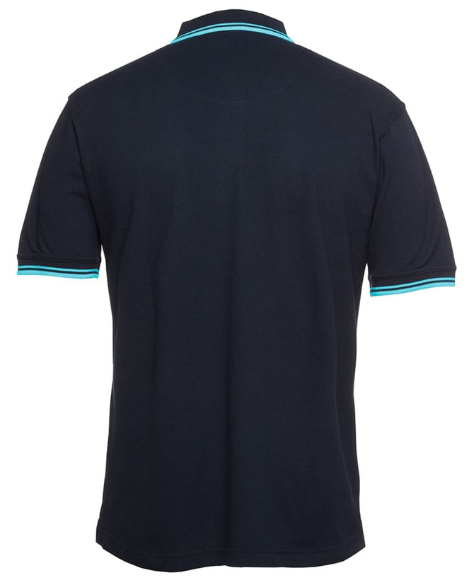 A black polo shirt featuring contrasting teal stripes on the collar and sleeves, with a logo present.