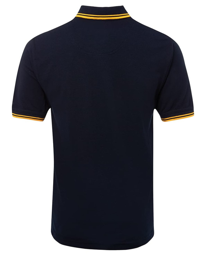 A navy polo shirt featuring contrasting yellow stripes on the collar and sleeve hems. It has a branding logo.
