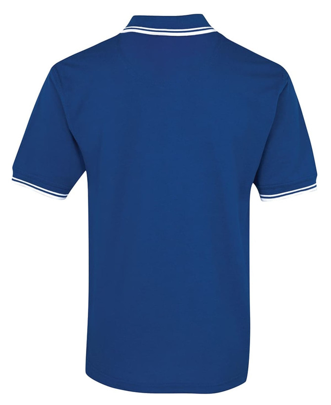 A blue polo shirt featuring white trim, with a collar and short sleeves. The shirt has a logo on it.