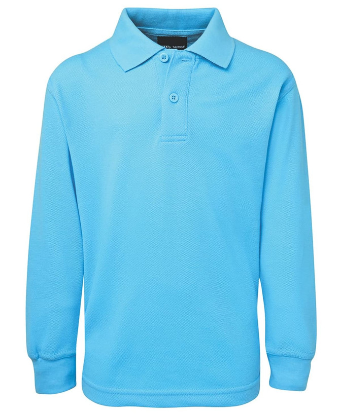 A long-sleeve polo shirt in a bright blue colour, featuring a collar and two buttons, with a logo on the chest.