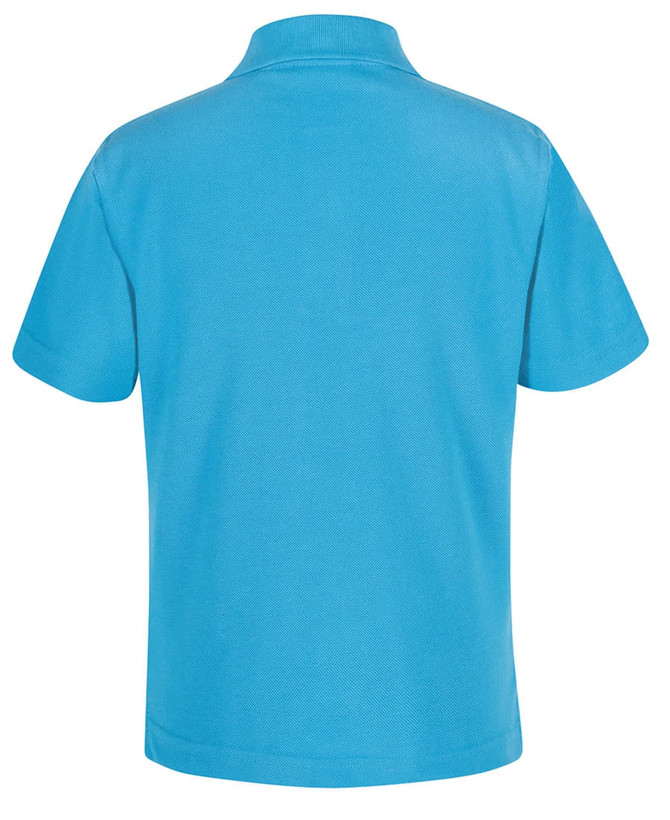 A short-sleeve polo shirt in bright blue with a collar and a plain back. Features a logo branding.