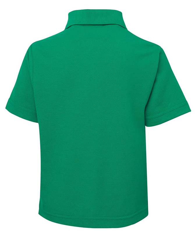 A green polo shirt featuring a collar and short sleeves, with a brand logo on the back.