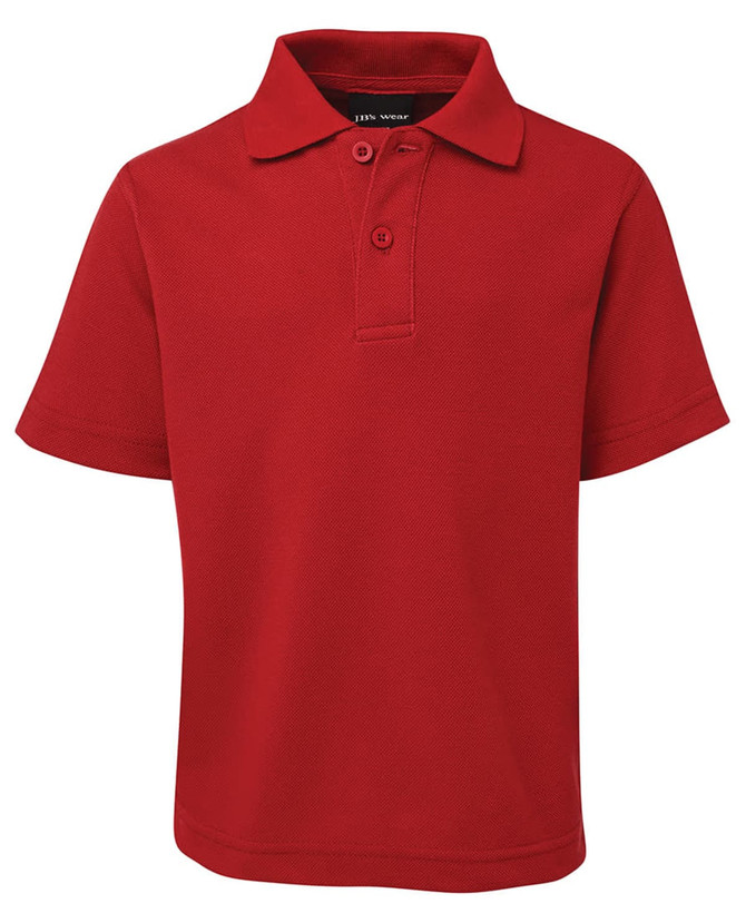 A red short-sleeved polo shirt with a collar and buttons, featuring a logo on the chest.