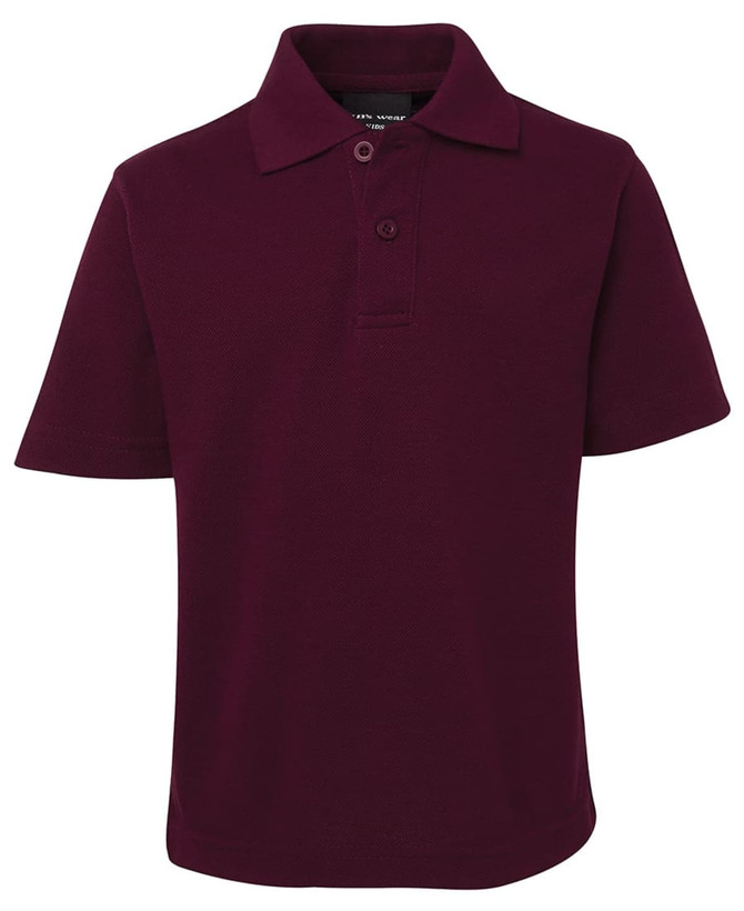 A burgundy short-sleeve polo shirt with a collar and three buttons, featuring a logo.