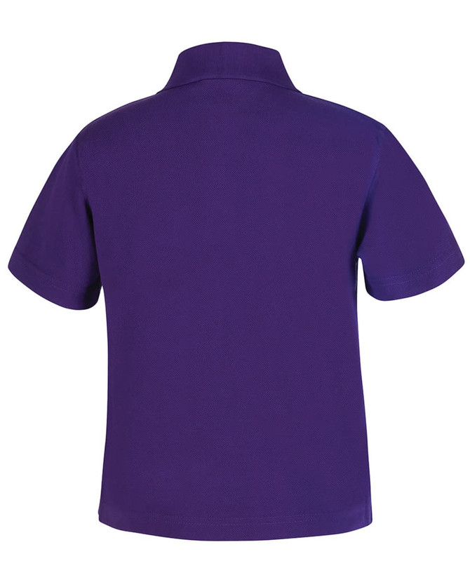 A purple polo shirt with a short sleeve design and a collar, featuring a logo.
