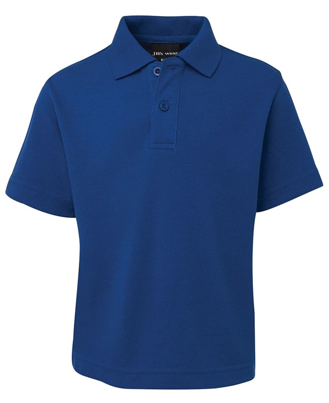A blue short-sleeved polo shirt with a collar and a logo on the front.