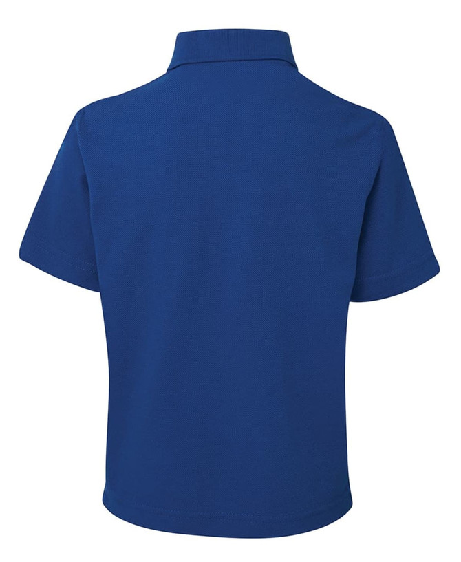 A blue short-sleeved polo shirt with a collar, featuring a branded logo on the back.