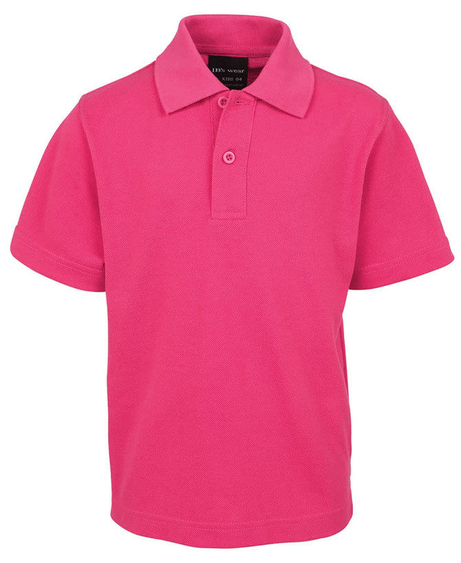 A bright pink polo shirt featuring a collar and two-button placket, with a logo on the label.