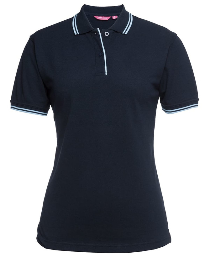 A navy blue polo shirt featuring contrast detailing and a collar, designed for women. It has a logo on it.
