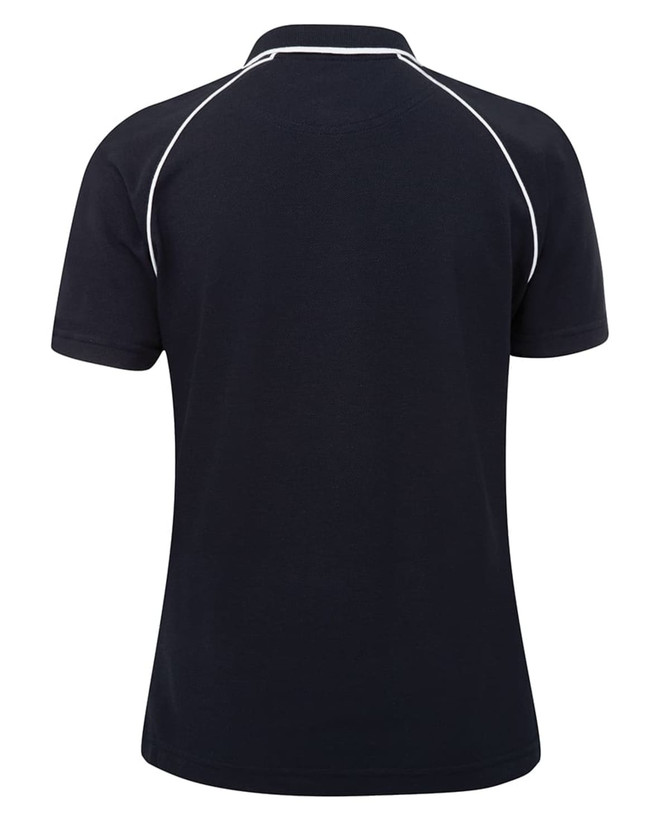 A navy and white ladies' raglan polo shirt, featuring a simple design and a logo on the back.