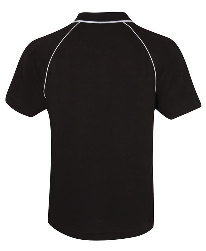 A black raglan polo shirt featuring white piping, with no visible branding or text.