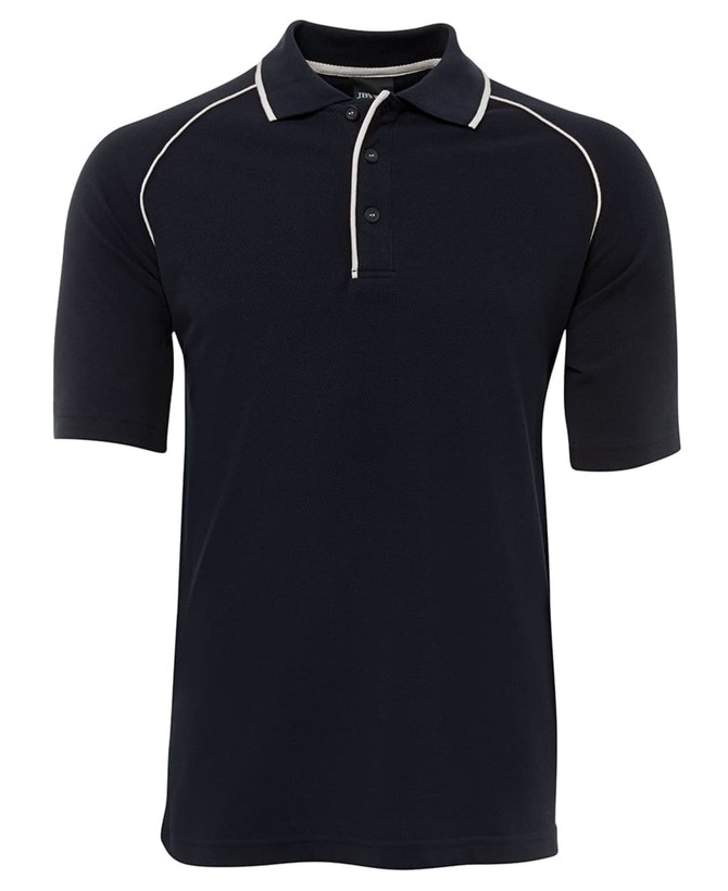 A black raglan polo shirt featuring short sleeves and contrasting trim. Includes a brand logo.