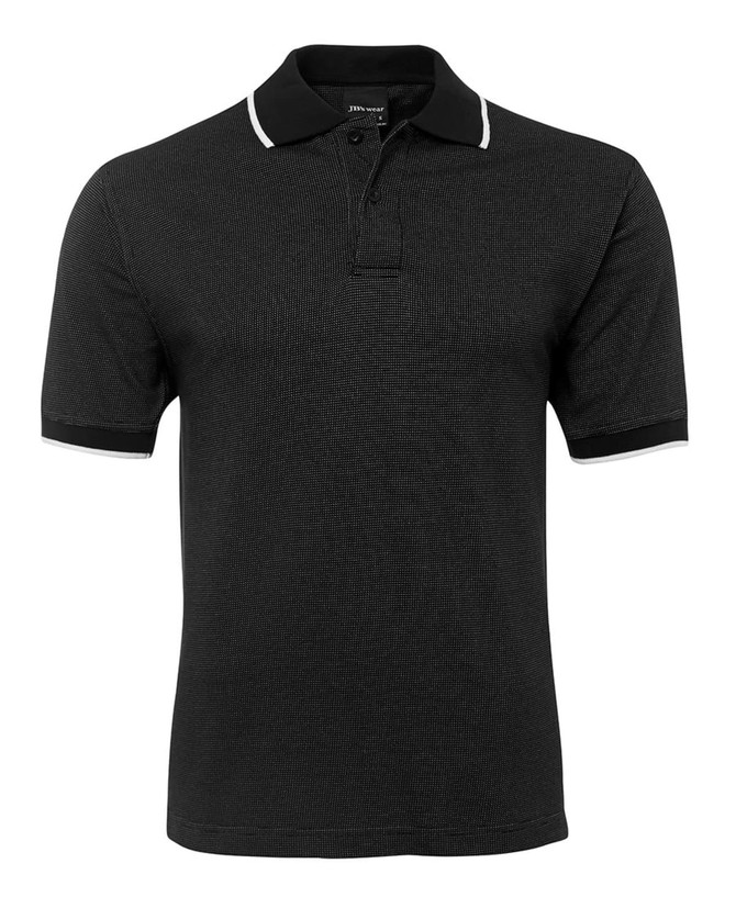 A black polo shirt with contrasting white accents on the collar and sleeves, featuring a logo.