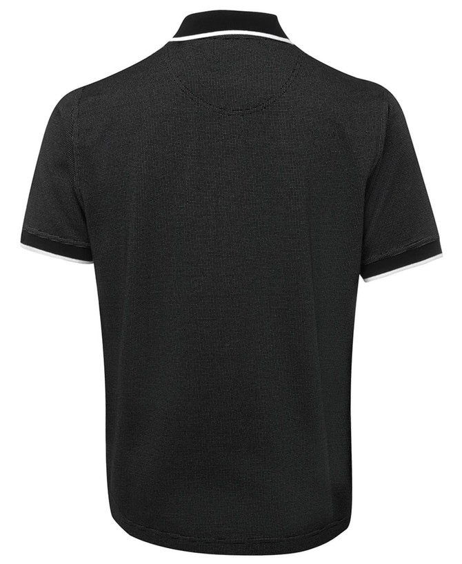 A black polo shirt with a textured design and contrasting white collar and sleeve trims. It features a logo.