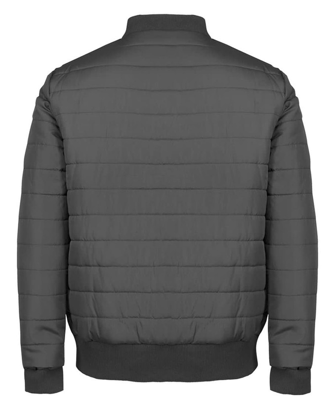 A black puffer bomber jacket featuring horizontal quilted detailing and ribbed cuffs and collar.