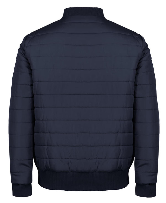 A black puffer bomber jacket featuring a quilted design and a ribbed collar, showcasing the back view.