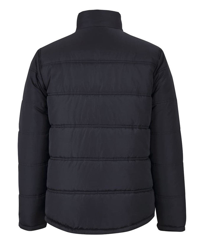 A puffer jacket in black, featuring a quilted design and a high collar. The jacket has a logo on the back.