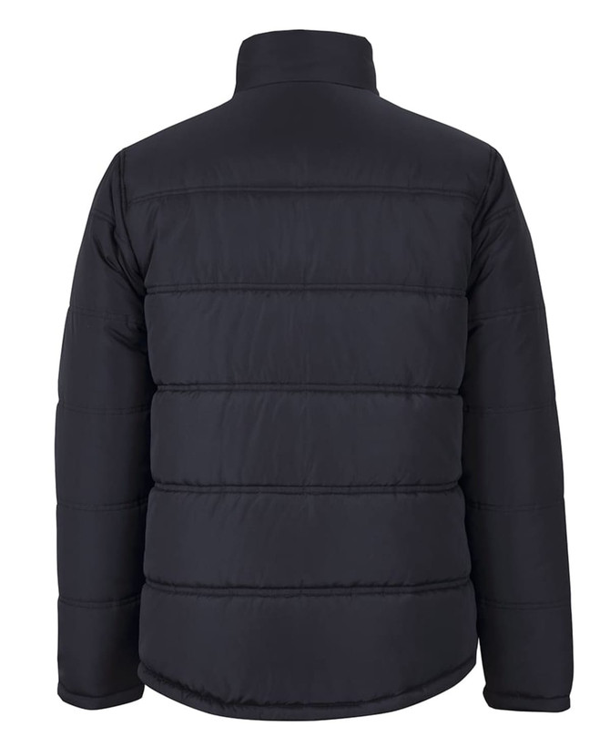 A black puffer jacket with a quilted design and a high collar, featuring a branding logo.