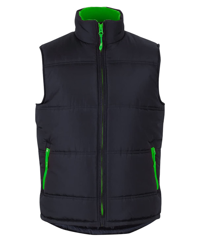 A black puffer vest with green accents and zippered pockets, featuring a high collar and a front zip closure.
