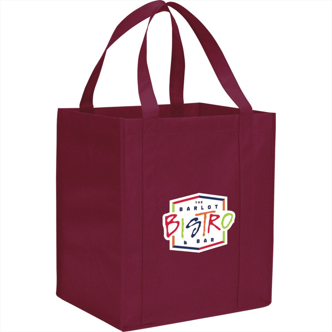 A maroon non-woven grocery tote bag with sturdy handles and a logo on the front.