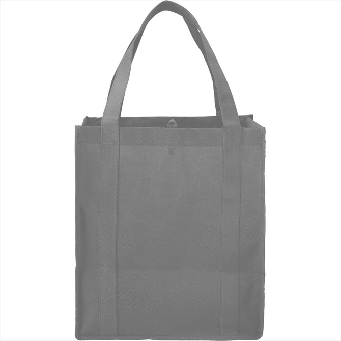 A grey reusable grocery tote bag with two sturdy handles and a logo. It has a spacious design for carrying items.