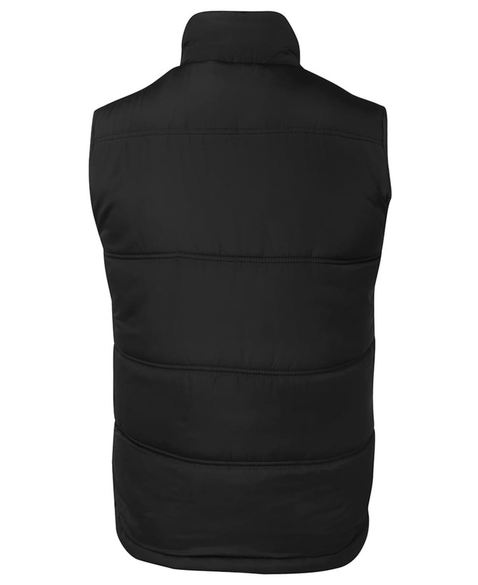 A black puffer vest with a high collar, featuring a logo, shown from the back.