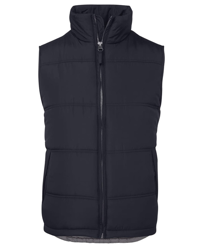 A dark navy puffer vest with a high collar and front zip. It features stitched panel detailing and a branding logo.