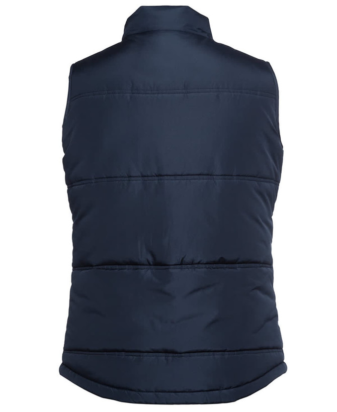 A navy blue puffer vest with a stitched design and a collar. The back view features a smooth finish and a subtle logo.