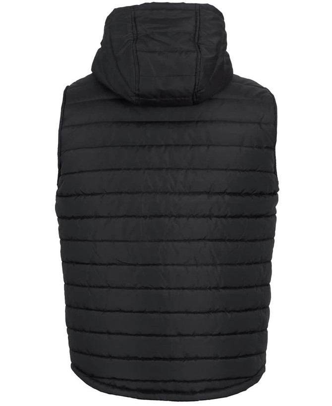 A black hooded puffer vest with a quilted design and a hood, featuring a logo on the back.