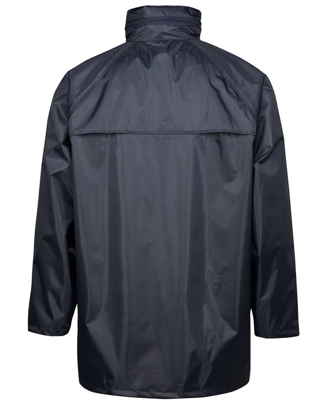 A black rain jacket with a high collar and a back vent, featuring a logo.